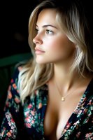 Side profile portrait of young Caucasian woman with blonde hair in floral dress gazing thoughtfully into distance against dark background, natural window lighting.