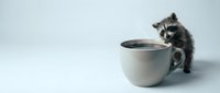 Adorable fluffy kitten sitting beside large coffee cup on clean white background, perfect for morning beverage marketing and pet-themed designs.