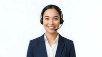 Professional Asian businesswoman wearing headset smiling at camera in navy suit jacket and white shirt for customer service and telemarketing concepts.