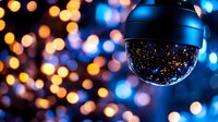 Security surveillance camera dome with colorful bokeh lights reflection creating atmospheric night monitoring background with orange and blue illumination.
