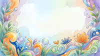 Soft watercolor floral frame with colorful swirls, bubbles, and flowers on pastel background, copy space in center for text or design.
