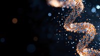 Glowing DNA helix structure with orange light particles and bokeh effects on dark background, scientific molecular concept for genetics and biotechnology research.