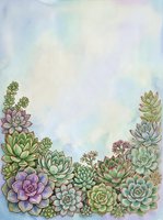 Watercolor succulent garden border frame with pastel sky background for botanical designs and natural decorations.
