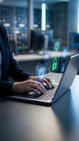 Businessman using laptop with cybersecurity shield icons and padlock symbols for data protection and network security in modern office environment.