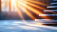 Golden sunbeams streaming through window blinds create dramatic light and shadow patterns on blue surface, evoking peaceful morning atmosphere.