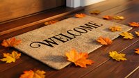 Autumn welcome doormat on wooden floor surrounded by colorful fallen maple leaves in orange and yellow tones, cozy fall home entrance decor.