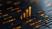 Glowing orange arrows trending upward on digital stock market data display, showing financial growth and market performance analysis on dark background.
