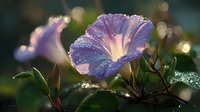Purple morning glory flower with dew drops glistening in early sunlight, creating a magical garden atmosphere for nature photography.