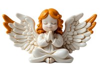 Cute ceramic angel figurine with red hair, praying hands, and white wings, isolated on white background, ready for design use.