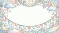 Whimsical nursery frame with pastel moons, clouds, stars and bunting banners on isolated white background, ready for baby shower invitations, greeting cards and children's design projects.