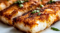 Grilled cod fish fillets with golden-brown spicy crust and fresh herbs garnish in macro view, showing juicy flaky texture and caramelized seasoning on white fish meat.