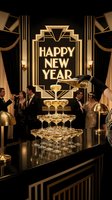 Glamorous art deco New Year party with champagne tower, gold decor, and elegant guests in formal attire celebrating the holiday season.