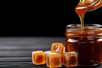 Golden honey dripping from wooden dipper into glass jar with amber caramel candies on dark wooden surface for culinary and natural sweetener concepts.