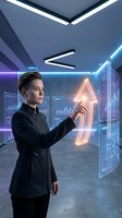 Young East Asian male professional in dark business jacket interacting with glowing neon holographic charts and upward arrow in futuristic digital environment for business growth concepts.