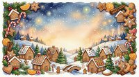 Gingerbread village with snow-covered houses, festive decorations, and winter landscape. Perfect for holiday cards, seasonal marketing, and Christmas designs.