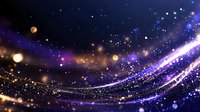 Magical glowing particles and light trails creating cosmic waves against dark background with bokeh effect and sparkles in purple and gold colors.