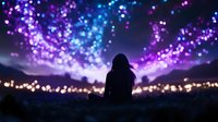 Woman silhouette gazing at magical night sky with glowing purple and blue bokeh lights creating dreamy celestial atmosphere for meditation and inspiration.
