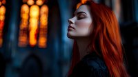 Young woman with red hair in profile against glowing stained glass windows at dusk, eyes closed in peaceful expression, dramatic moody lighting creates mystical atmosphere.