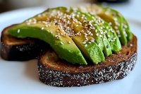 Fresh sliced avocado on dark toasted bread garnished with white sesame seeds, close-up view showing creamy texture and vibrant green color.