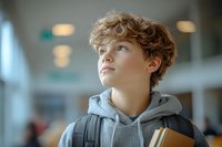 Young caucasian student with curly blonde hair wearing grey hoodie and backpack looking up thoughtfully while holding books in modern educational setting.
