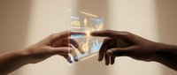 Hands reaching toward glowing digital holographic interface with futuristic data visualization and light effects for technology and innovation concepts.