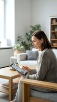 Professional woman using tablet computer at home office workspace with plants and natural lighting for remote work productivity.