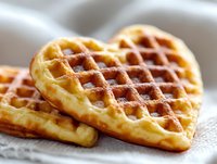 Heart-shaped golden waffles with crispy exterior and soft interior, stacked on white linen napkin. Perfect for romantic breakfast or Valentine's Day celebration.