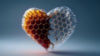 Honeycomb heart shape with half filled with golden honey and half empty hexagonal structure on dark background, creative concept for love and relationships.