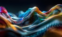 Abstract digital wave of glowing particles forming dynamic landscape with flowing motion in blue, orange and turquoise colors against dark background.