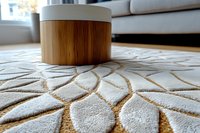 Modern wooden round coffee table with white top on geometric patterned area rug in contemporary living room interior design for home decor and furniture.