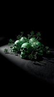 Skulls with green clover vines and foliage on dark background, symbolizing luck, mortality, and nature's cycle for gothic, Halloween, and memento mori designs.