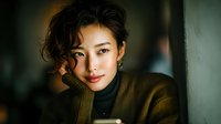 Young Asian woman with curly hair resting chin on hand in cozy sweater, warm indoor lighting creating intimate portrait atmosphere for lifestyle content.