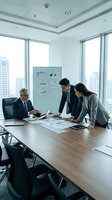 Business professionals reviewing financial data and analytics in modern high-rise office meeting room with city skyline views, suitable for corporate, finance, and teamwork concepts.