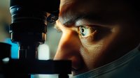 Close up view of scientist looking through microscope lens in dark laboratory with dramatic lighting and blue glow, showing dedication to research and discovery.