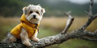 Adorable small dog in yellow puffer jacket sitting on tree branch in autumn field with blurred natural background.