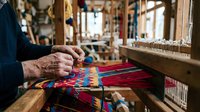 Senior craftsman weaving colorful textile on traditional wooden loom in artisan workshop, hands creating handmade fabric with red and blue threads.