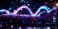 Magical glowing wave of sparkling particles flowing over dark surface with purple and blue bokeh lights creating dreamy atmospheric effect.