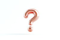 Metallic rose gold question mark symbol floating on white background, glossy reflective surface with soft shadows. For business and education concepts.