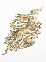 Ornate rabbit with flowing decorative ribbons and swirling patterns in gold, blue, and coral tones. Isolated on transparent background, ready for t-shirts, stickers, clipart, sublimation, and print-on-demand designs.
