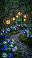 Enchanting garden pathway with glowing lanterns hanging from tree branches and vibrant blue hydrangea flowers creating magical evening atmosphere for landscaping.