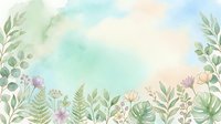 Soft watercolor botanical background with green leaves, ferns, and delicate wildflowers on pastel mint and peach wash for cards.