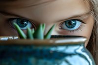 Close-up of bright blue eyes peering over turquoise ceramic pot with green plant leaves, creating mysterious and artistic portrait composition.