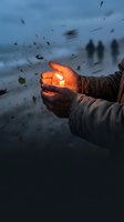 Hands holding glowing orb of light against stormy sky with falling leaves and blurred figures in background, symbolizing hope, inspiration, and resilience during difficult times.