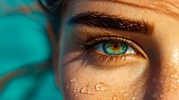 Close-up macro shot of green eye with freckles on skin against turquoise background. Natural sunlight highlights golden brown tones and detailed iris pattern.