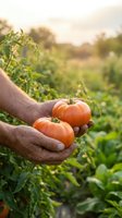 Farmer hands holding fresh ripe red tomatoes in organic garden during golden hour sunset. Harvest season agriculture concept for healthy eating.