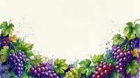 Watercolor grape clusters with green leaves forming decorative border frame on light background for wine labels and harvest designs.