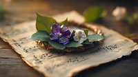 Purple and white violets with green leaves arranged on vintage sheet music paper, creating nostalgic composition on wooden surface with soft natural lighting.