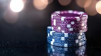 Stack of purple and blue poker chips on dark background with soft bokeh lights, creating atmospheric casino gaming ambiance for entertainment and gambling concepts.
