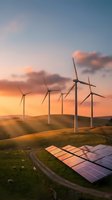 Wind turbines and solar panels generating renewable energy at sunset with dramatic orange sky over green countryside landscape for sustainable power.