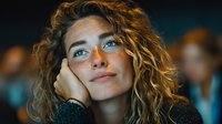 Young woman with curly hair resting chin on hand, looking up thoughtfully with warm lighting creating contemplative mood for lifestyle content.